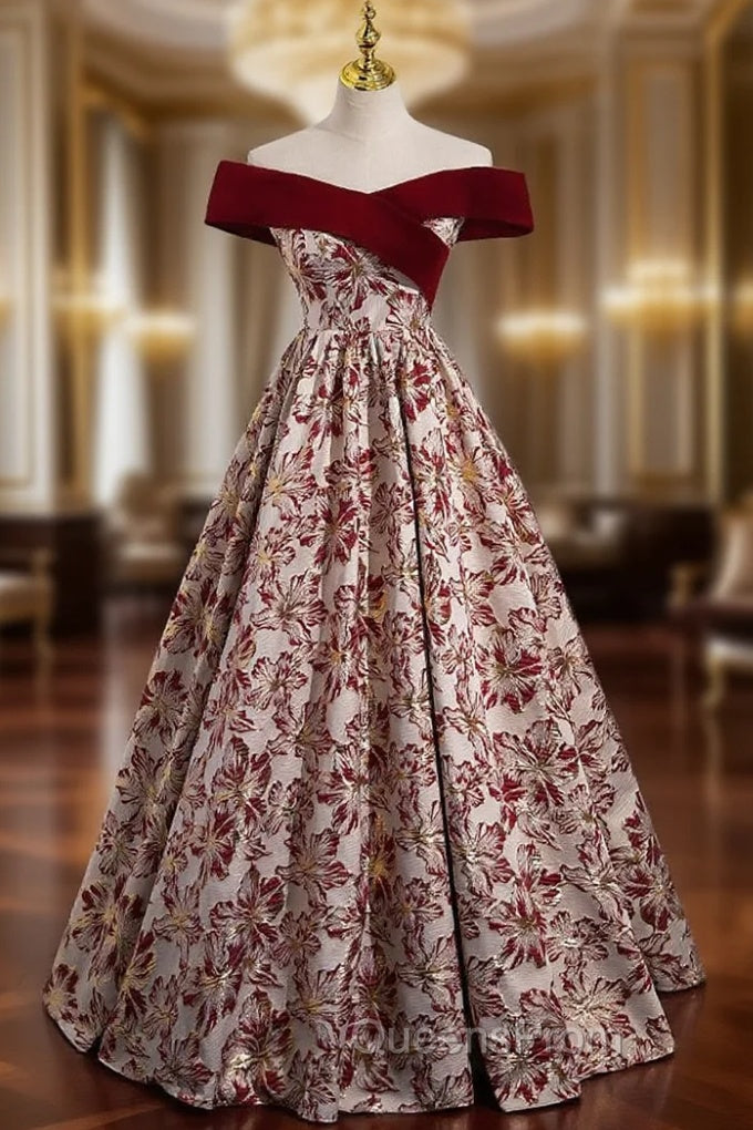 A-Line Off the Shoulder Print Evening Prom Dress