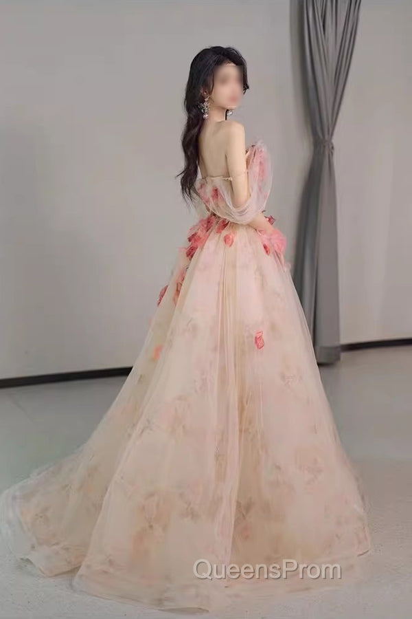 A Line Off the Shoulder Evening Prom Dress with Flowers, Charming Tulle Party Gown