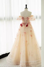 A Line Off the Shoulder Evening Prom Dress with Flowers, Charming Tulle Party Gown