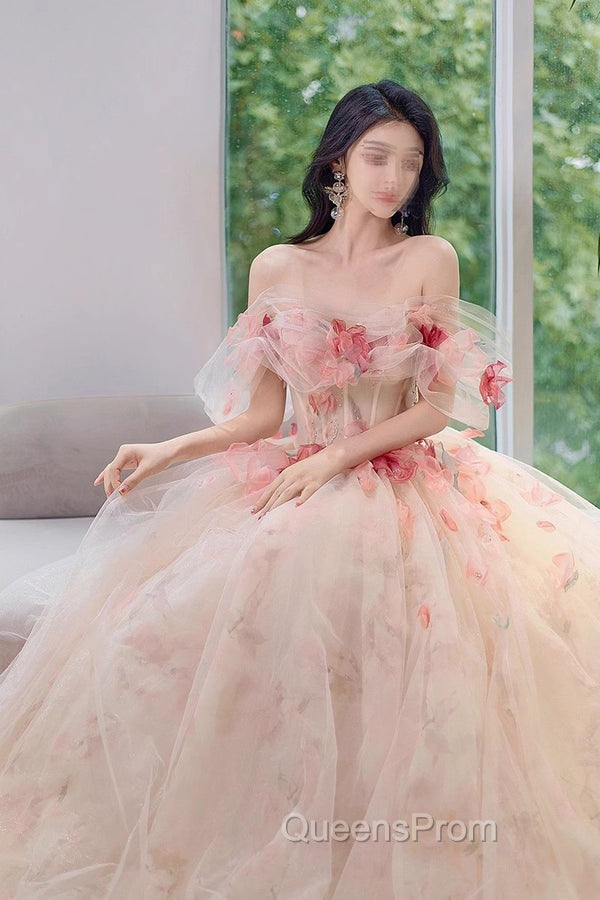 A Line Off the Shoulder Evening Prom Dress with Flowers, Charming Tulle Party Gown