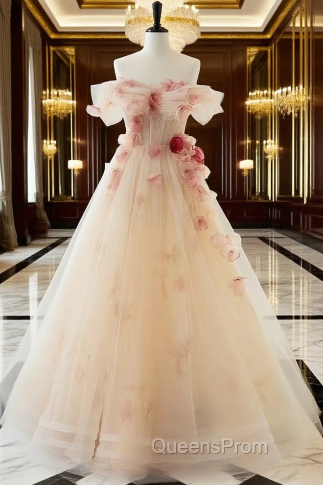 A Line Off the Shoulder Evening Prom Dress with Flowers, Charming Tulle Party Gown Main image