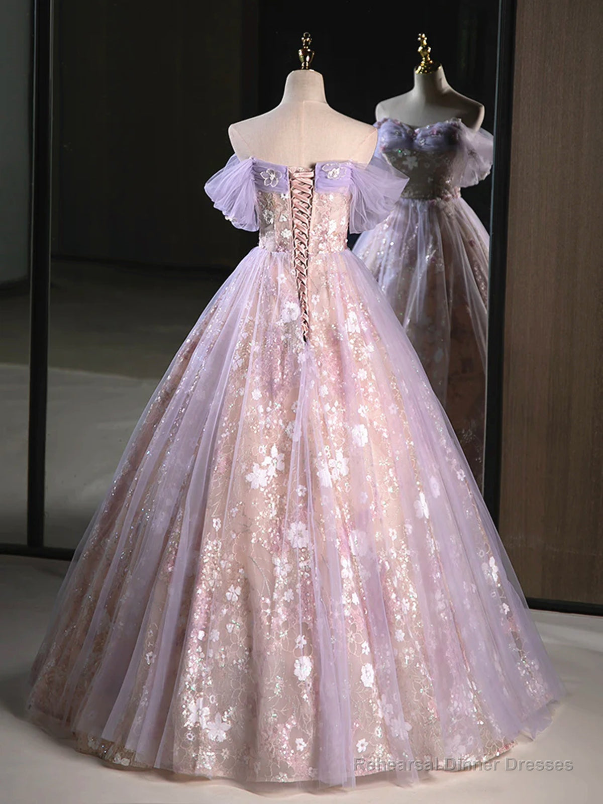 A Line Off the Shoulder Purple Lace Beaded Long Prom Dresses, Purple Lace Beaded Long Formal Evening Dresses Main image