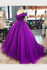 A Line Off The Shoulder Purple Tulle Evening Prom Dress Long Evening Gown