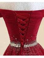 A-Line Off The Shoulder Red Tulle Evening Prom Dress Evening Dress With Beading,