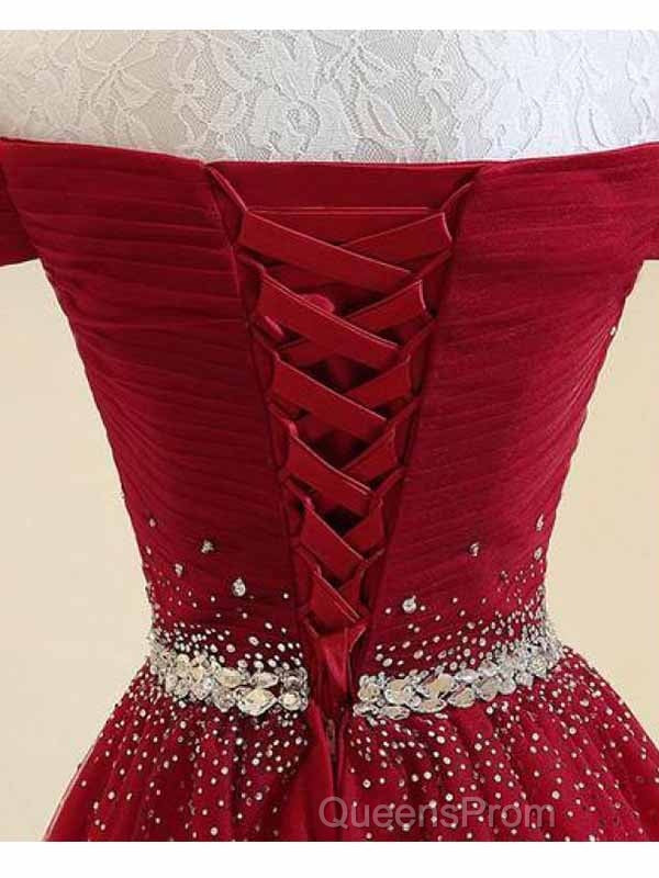A-Line Off The Shoulder Red Tulle Evening Prom Dress Evening Dress With Beading,
