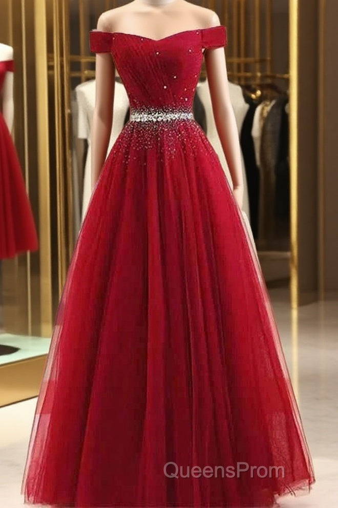 A-Line Off The Shoulder Red Tulle Evening Prom Dress Evening Dress With Beading, Main image