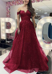 A-line Off-the-Shoulder Regular Straps Long/Floor-Length Tulle Prom Dresses With Appliqued Glitter