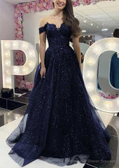 A-line Off-the-Shoulder Regular Straps Long/Floor-Length Tulle Prom Dresses With Appliqued Glitter