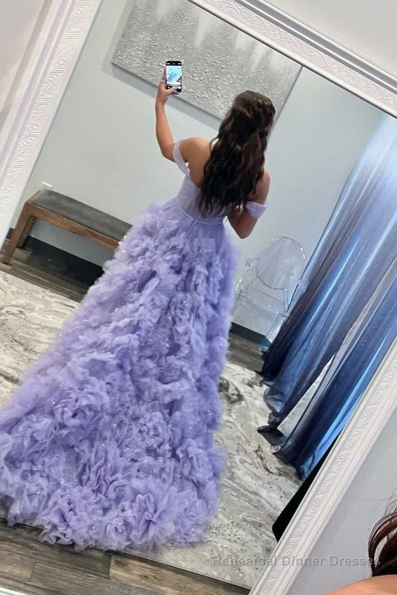 A Line Off the Shoulder Ruffled Tulle Prom Dress with Slit Secondary image