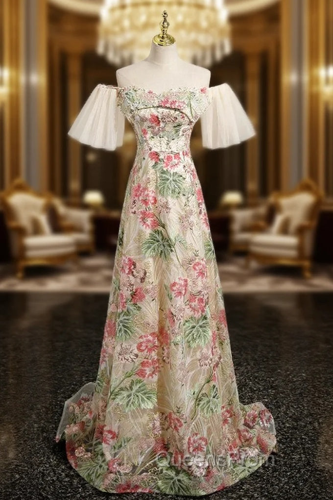 A-LIne Off the Shoulder Sequins Pearls Evening Prom Dress