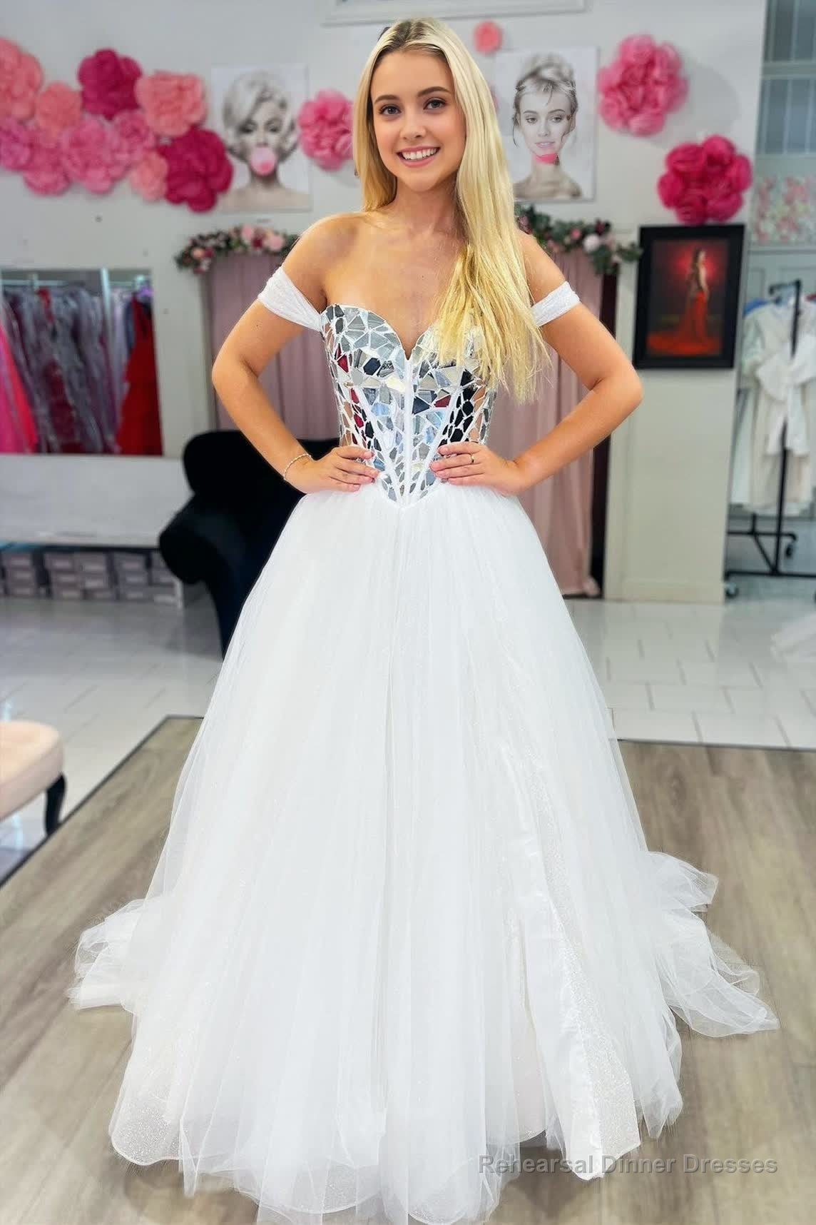 A line Off the Shoulder Sequins Tulle Prom Dress Main image