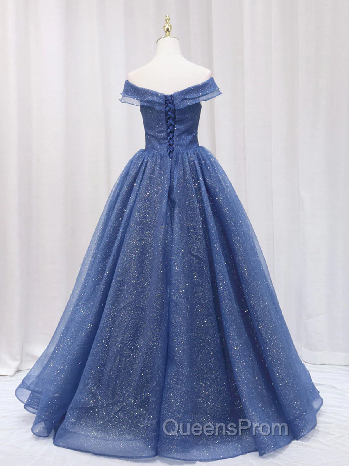 A Line Off the Shoulder Shiny Blue Long Evening Prom Dress, Off Shoulder Shiny Blue Evening Dress Secondary image