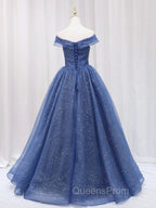 A Line Off the Shoulder Shiny Blue Long Evening Prom Dress, Off Shoulder Shiny Blue Evening Dress