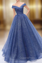 A Line Off the Shoulder Shiny Blue Long Evening Prom Dress, Off Shoulder Shiny Blue Evening Dress