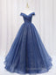 A Line Off the Shoulder Shiny Blue Long Evening Prom Dress, Off Shoulder Shiny Blue Evening Dress