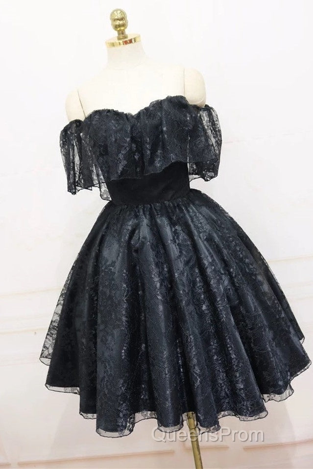 A-Line Off The Shoulder Short Black Lace Homecoming Dress Secondary image