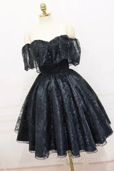 A-Line Off The Shoulder Short Black Lace Homecoming Dress