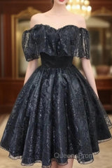 A-Line Off The Shoulder Short Black Lace Homecoming Dress