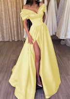 A-line Off-the-Shoulder Short Sleeve Satin Long/Floor-Length Prom Dresses With Ruffles Split