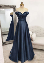 A-line Off-the-Shoulder Sleeveless Long/Floor-Length Satin Prom Dresses With Pleated