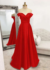 A-line Off-the-Shoulder Sleeveless Long/Floor-Length Satin Prom Dresses With Pleated