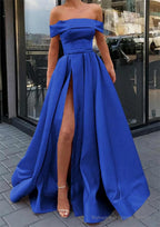 A-line Off-the-Shoulder Sleeveless Long/Floor-Length Satin Prom Dresses With Split