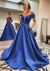 A-line Off-the-Shoulder Sleeveless Satin Sweep Train Prom Dresses With Pockets