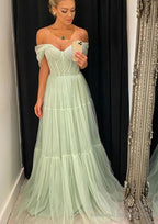 A-line Off-the-Shoulder Sleeveless Sweep Train Tulle Prom Dresses With Pleated