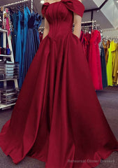 A-line Off-the-Shoulder Strapless Long/Floor-Length Satin Prom Dresses With Pleated Pockets