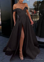 A-line Off-the-Shoulder Strapless Long/Floor-Length Satin Prom Dresses With Split