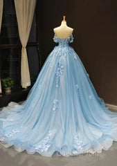 A-Line Off-The-Shoulder Sweetheart Sweep Train Tulle Evening Prom Dress, Sky Blue Applique Wedding Dress