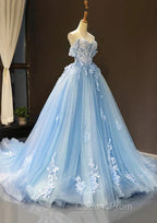 A-Line Off-The-Shoulder Sweetheart Sweep Train Tulle Evening Prom Dress, Sky Blue Applique Wedding Dress