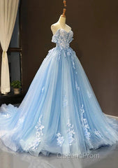 A-Line Off-The-Shoulder Sweetheart Sweep Train Tulle Evening Prom Dress, Sky Blue Applique Wedding Dress