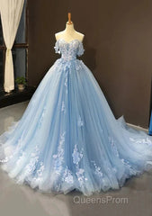 A-Line Off-The-Shoulder Sweetheart Sweep Train Tulle Evening Prom Dress, Sky Blue Applique Wedding Dress
