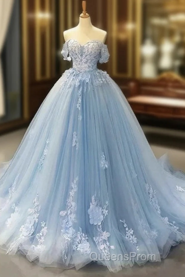 A-Line Off-The-Shoulder Sweetheart Sweep Train Tulle Evening Prom Dress, Sky Blue Applique Wedding Dress Main image