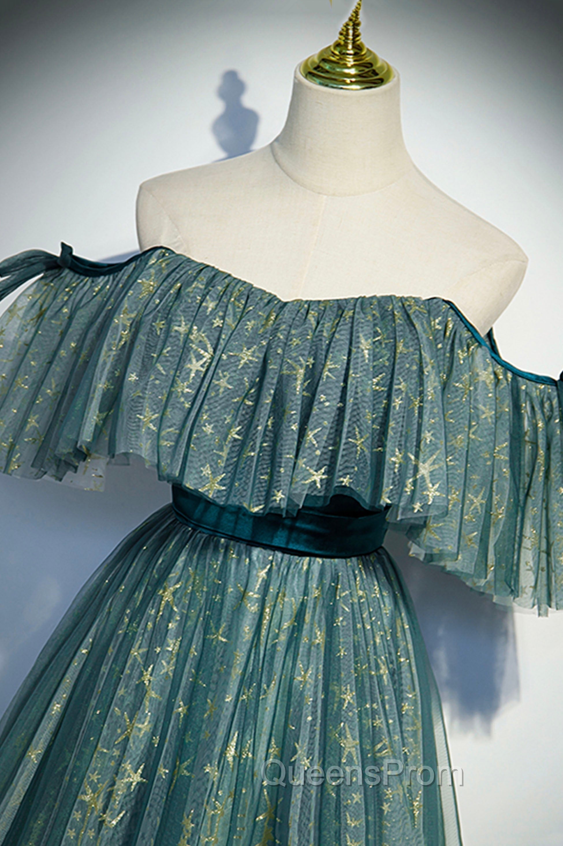 A-Line Off the Shoulder Tulle Long Evening Prom Dress, Green Evening Party Dress
