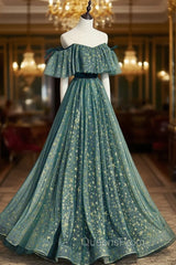 A-Line Off the Shoulder Tulle Long Evening Prom Dress, Green Evening Party Dress