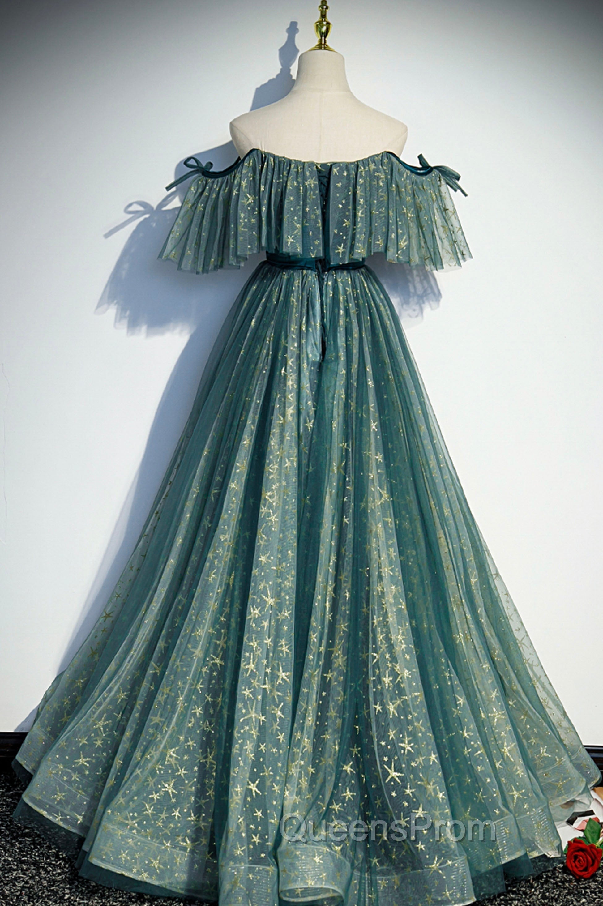 A-Line Off the Shoulder Tulle Long Evening Prom Dress, Green Evening Party Dress