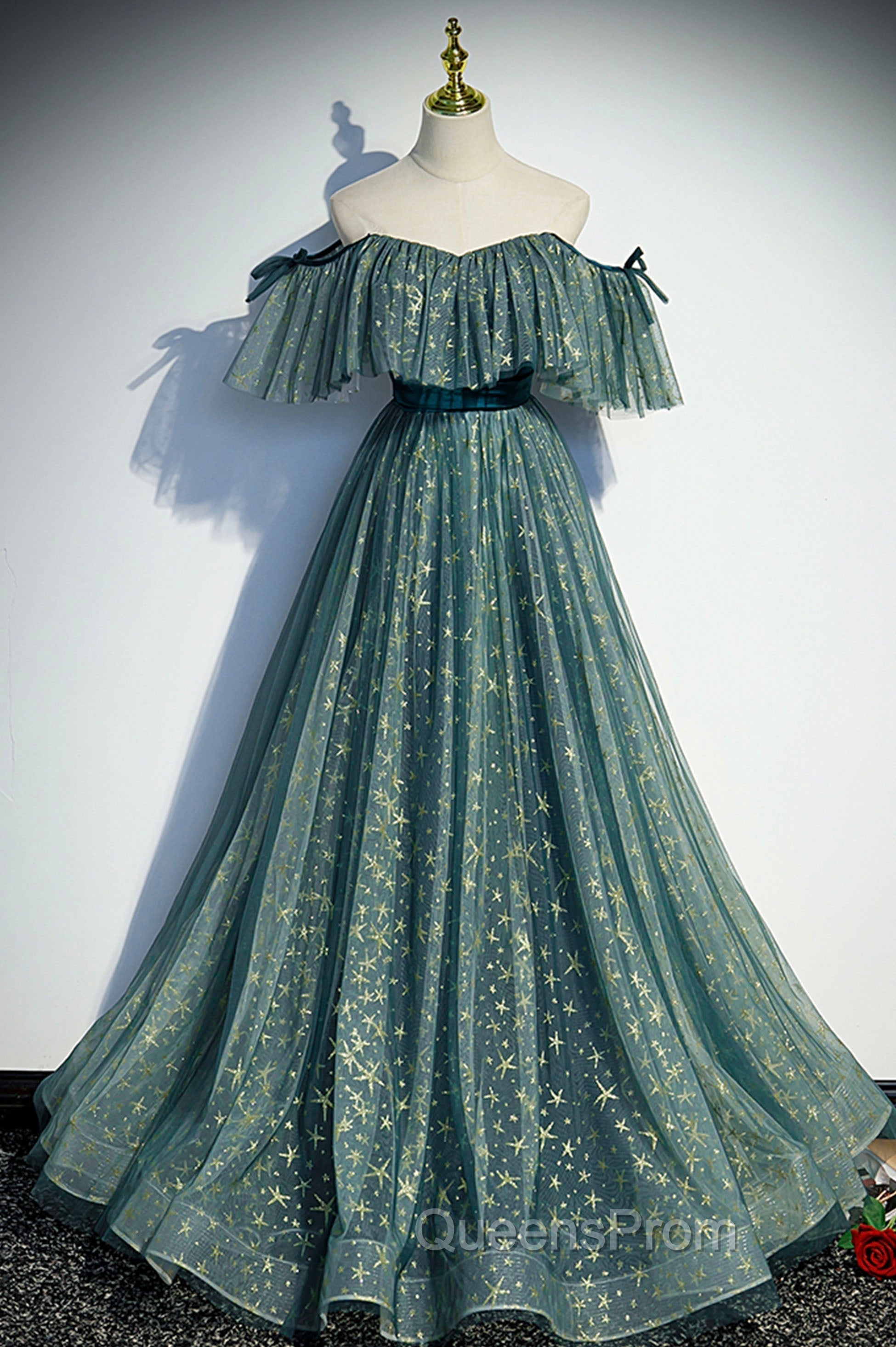 A-Line Off the Shoulder Tulle Long Evening Prom Dress, Green Evening Party Dress Main image