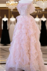 A Line Off The Shoulder Tulle Pink Tiered Evening Prom Dress Evening Dress