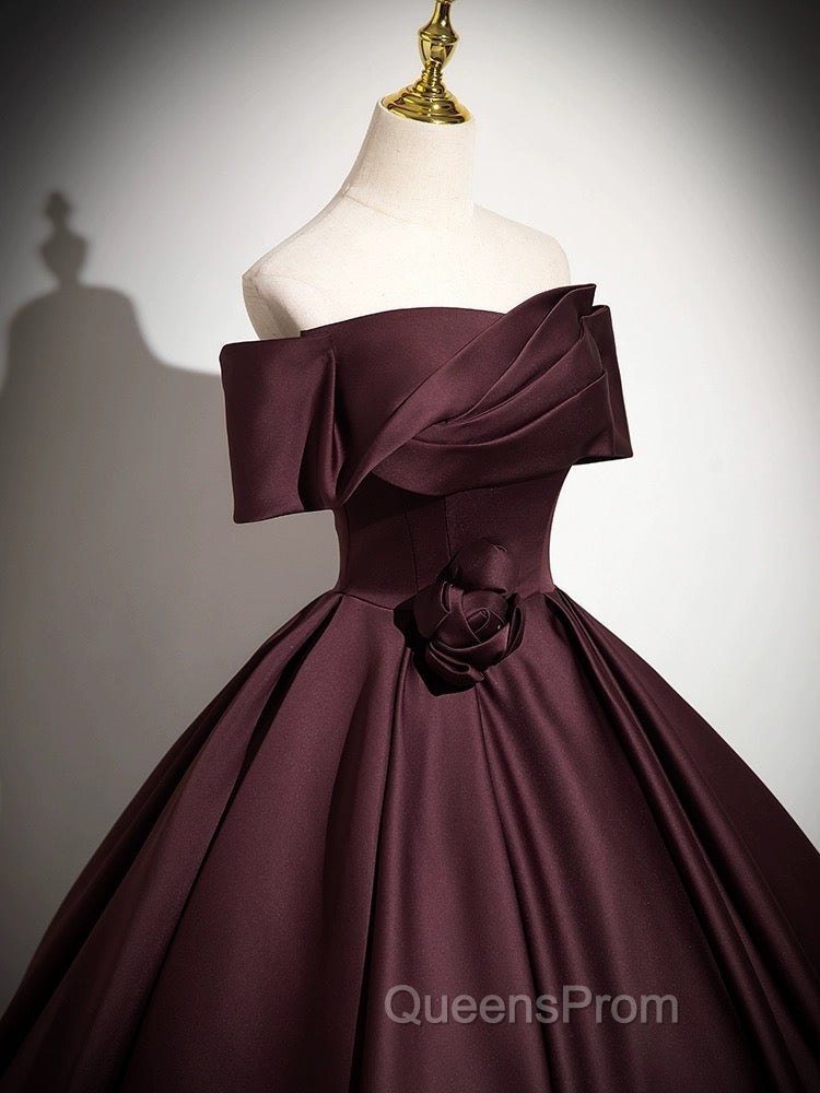A-Line Off the Shoulders Satin Maroon Long Evening Prom Dress, Maroon Long Evening Dress