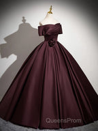 A-Line Off the Shoulders Satin Maroon Long Evening Prom Dress, Maroon Long Evening Dress