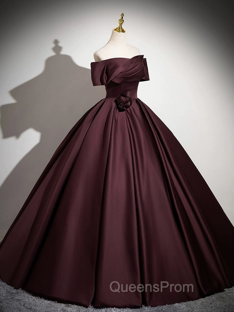 A-Line Off the Shoulders Satin Maroon Long Evening Prom Dress, Maroon Long Evening Dress