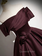 A-Line Off the Shoulders Satin Maroon Long Evening Prom Dress, Maroon Long Evening Dress