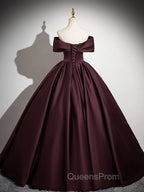 A-Line Off the Shoulders Satin Maroon Long Evening Prom Dress, Maroon Long Evening Dress