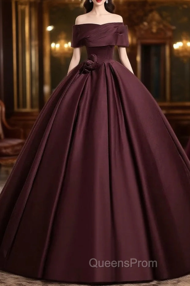 A-Line Off the Shoulders Satin Maroon Long Evening Prom Dress, Maroon Long Evening Dress
