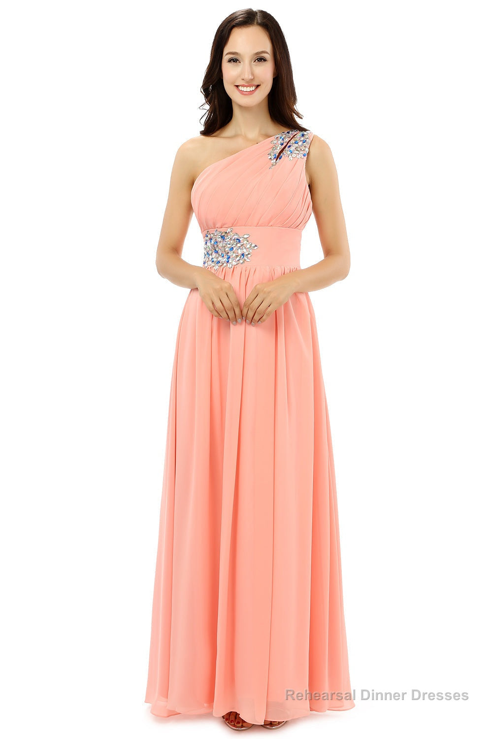 A-line One-shoulder Chiffon Beaded Crystals Coral Bridesmaid Dresses Main image
