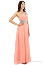 A-line One-shoulder Chiffon Beaded Crystals Coral Bridesmaid Dresses