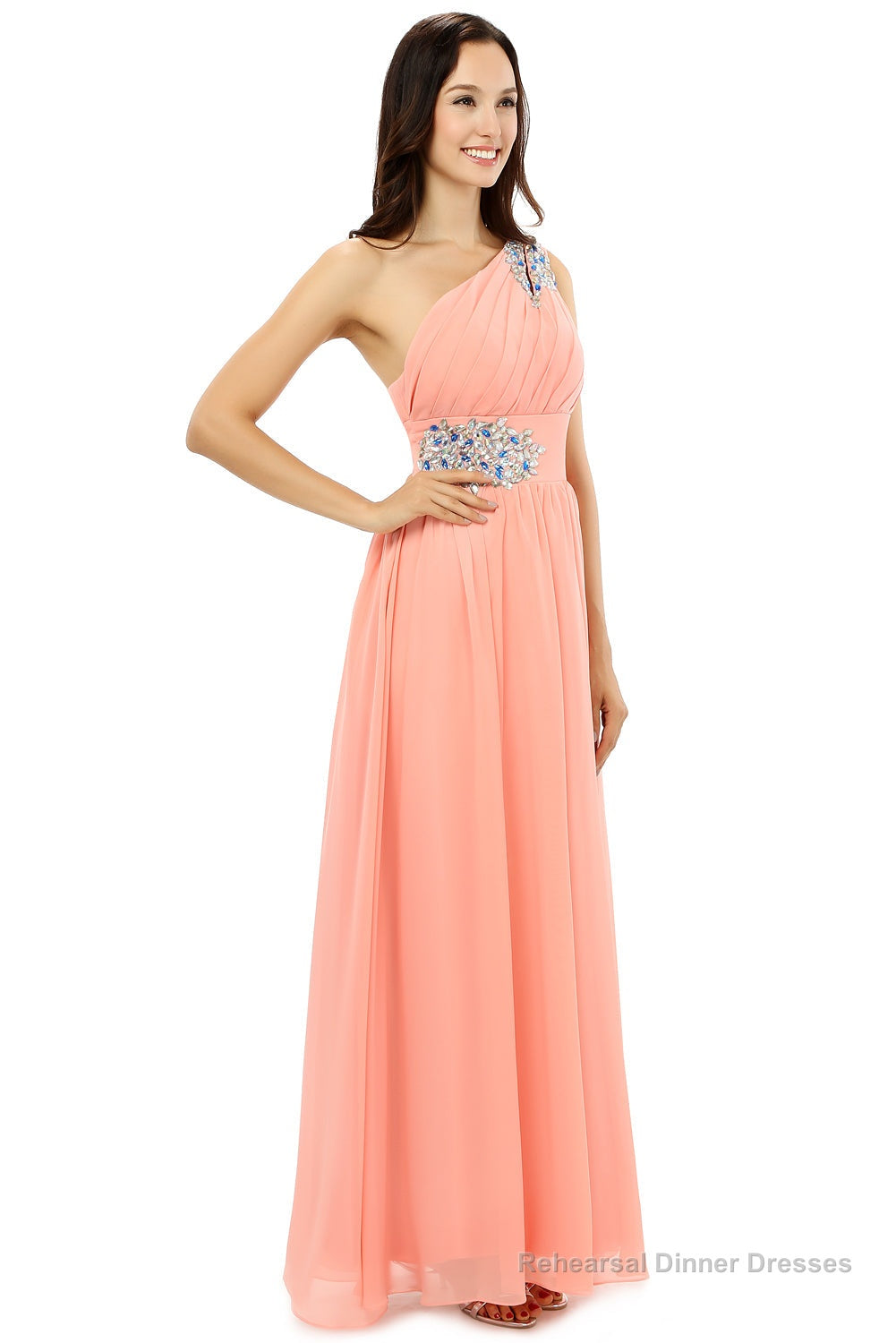 A-line One-shoulder Chiffon Beaded Crystals Coral Bridesmaid Dresses