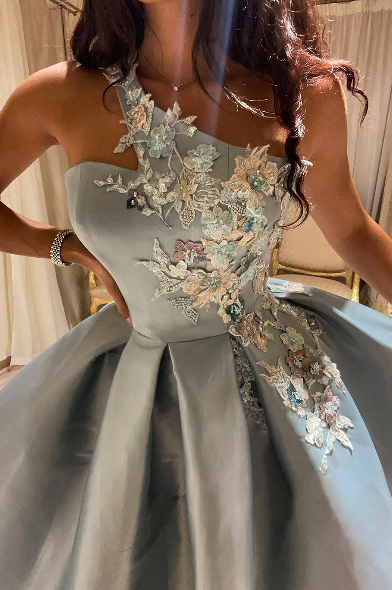 Cute One Shoulder Satin Lace Short Classy Prom Dress, A-Line Party Dress
